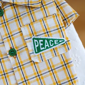 Detail eines gelben karierten Haustierhemds mit Peace-Stickerei und grünen Knöpfen