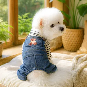 Completo per cani a due pezzi con maglia a righe e salopette in denim ricamata