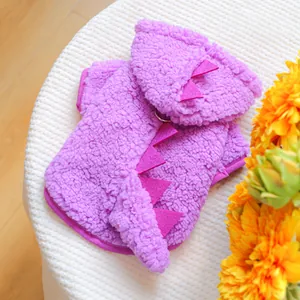 Purple plush dog dinosaur hoodie with pink back fins and metal D-ring attachment