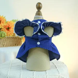 Détail d'une robe pour animal avec col en dentelle et boutons blancs sur tissu en jean bleu