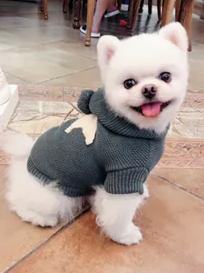 Detalle de suéter de punto gris oscuro para perro con parche de estrella y pompón en capucha