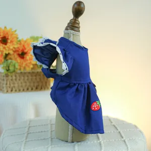 Détail de la broderie fraise et des manches en dentelle sur une robe en jean pour chat
