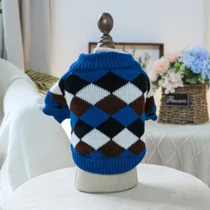 Soft argyle knit dog sweater in blue and brown, displayed on a pet mannequin