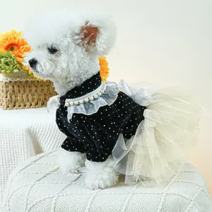 Vestido de princesa para mascotas con lunares, encaje de perlas y tul para perros pequeños