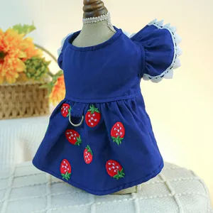 Détail de robe pour chien avec broderie fraise, dentelle et anneau en D pour laisse