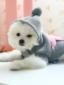 Detalle de suéter de punto gris para mascotas con patrón de estrella de mar y pompón