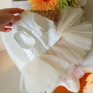 Close-up of white lace pet dress with layered mesh skirt and secure snap button details