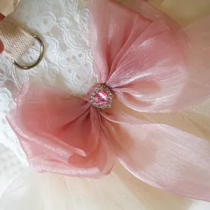 Detail of pet wedding dress with lace fabric, pink bow, and heart-shaped rhinestone