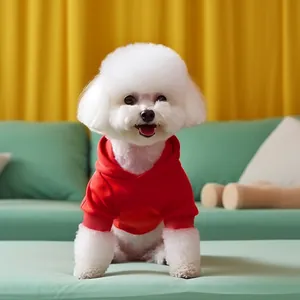 Detail of red pet hoodie featuring ribbed cuffs and soft fabric for small dogs