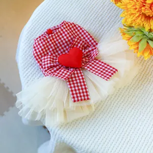 Red checkered pet tutu dress with a large bow and heart for dogs and cats