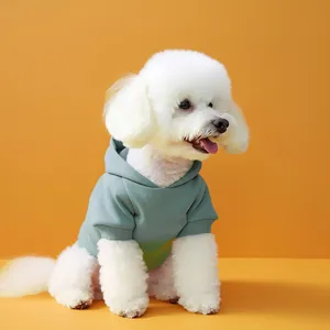 Close-up of a green pet hoodie with ribbed cuffs on a white dog against orange background
