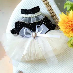 Vestido de princesa para mascotas con lunares, top de terciopelo y falda de tul