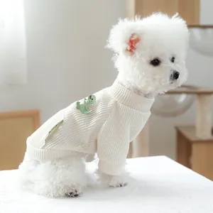 Pull pour animaux en maille gaufrée blanche avec broderie de dinosaure vert pour chiens