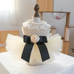 Elegant Pet Wedding Dress Lace Crochet Princess Dog Tutu Skirt With Black Bow 3D Rose Artificial Pearl Decor For Small Dogs Cats