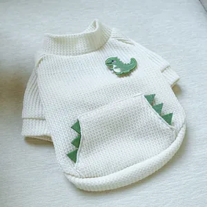 Sweat-shirt pour animaux en maille gaufrée blanche avec broderie dinosaure vert pour chiens