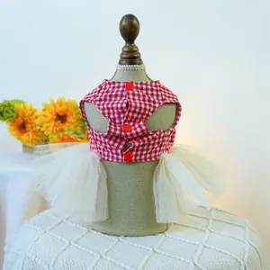 Detail of red and white checkered pet dress with multilayered white mesh tutu skirt