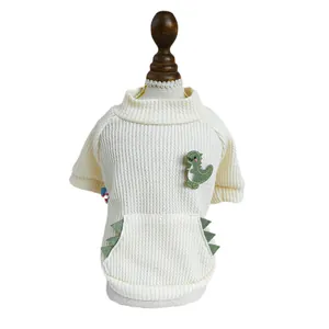 Sweat blanc pour animaux à thème dinosaure en tricot gaufré avec poche à ailerons verts