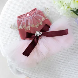 Macro detail of pet princess dress featuring velvet bodice and layered mesh tutu skirt