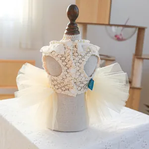 Elegant pet wedding dress with cream lace and pearl collar for small dogs and cats