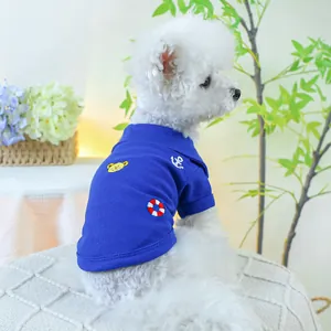 Polo bleu roi brodé d'un ours pour petits chiens en tissu maille piquée respirant
