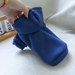 Detail showing the thick navy blue fabric and hood of this warm pet hoodie