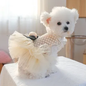Cute cream pet princess dress with lace, layered tutu skirt and black bow for small dogs