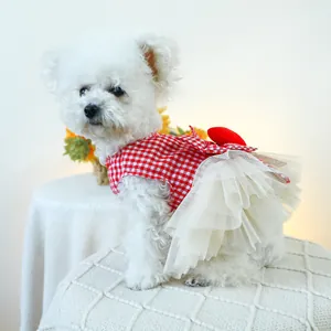 Detail of red checkered pet dress with white tulle tutu and red heart on a small dog