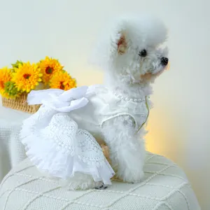 Détail d'une robe de mariée blanche pour chien avec dentelle et grand nœud en résille