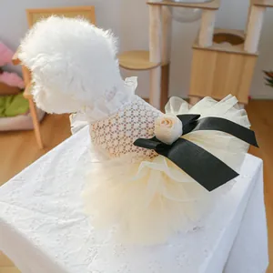 Close-up of elegant pet wedding dress with lace bodice, mesh tutu and black satin bow