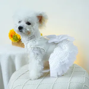 Détail de la robe de mariée pour chien avec collier de perles et nœud en satin