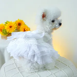 Détail d'une robe de mariée blanche pour chien avec col perlé et jupe en dentelle multicouche
