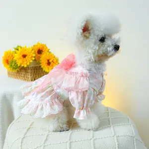 Detail of pet floral dress with pink lace edges and a sheer mesh bow on the back