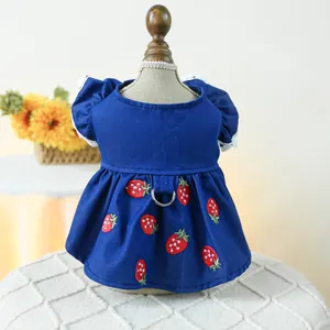 Cute strawberry embroidery denim pet dress with white lace trim and metal D-ring for small dogs