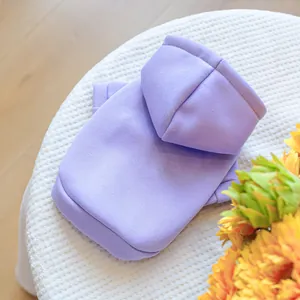 Detail of lavender pet hoodie featuring soft ribbed texture and clean stitched hood hem
