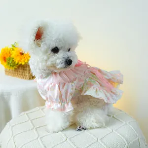 Detailed close-up of pink floral pet dress with lace trim and organza ruffle collar