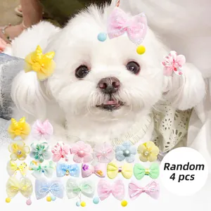 Cute Pet Bowknot Hair Clips Artificial Pearl Necklace Set For Small Dogs Cats Maltese Teddy Puppy Hair Accessories Grooming Supplies