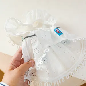 Détail d'une robe blanche pour animaux avec dentelle délicate et broderie florale