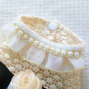 Elegant lace pet collar with pearls and cream rose flower for dogs and cats