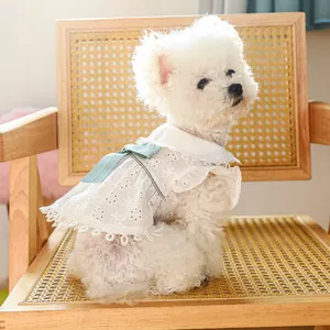 Détail de la broderie ajourée et du nœud sur la robe d'été blanche pour petit chien