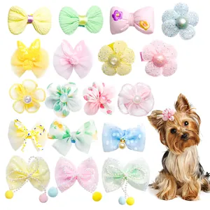 15-piece colorful pet bow hair clips set for small dogs with Yorkshire Terrier model