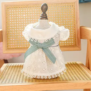 Détail de robe en dentelle ivoire pour chien avec motif floral et nœud vert sur support