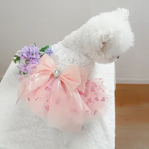 Pink heart pattern pet princess dress with white lace and large satin bow for small dogs