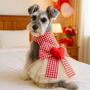 Plaid Heart Bow Pet Princess Dress Tulle Tutu Dog Cat Clothes For Valentine Day Puppy Kitten Party Apparel Sweet Outfit