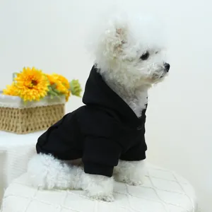 Detail of a black pet hoodie with pocket and hood on a small white curly-haired dog