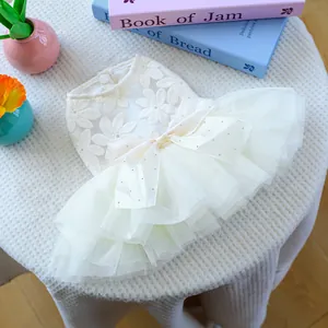 Close-up of elegant cream pet dress featuring floral lace and a large satin bow