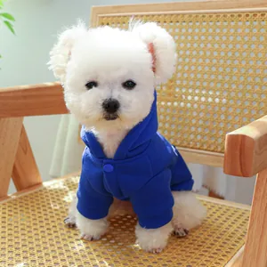 Detail of royal blue pet hoodie with single-button collar and hood for small dogs