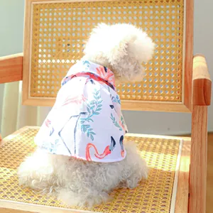 Kleine witte hond in een hemd met flamingo-print op een rotan stoel in zacht zonlicht