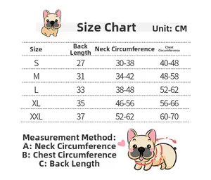 Detailed size chart for Christmas dog sweaters with chest and neck measurements