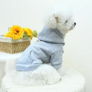 Detail of gray pet hoodie with hood and kangaroo pocket on a Bichon Frise dog