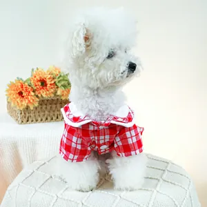 Detail van een witte hond in een rood en wit geruit huisdierenshirt met witte kraag
